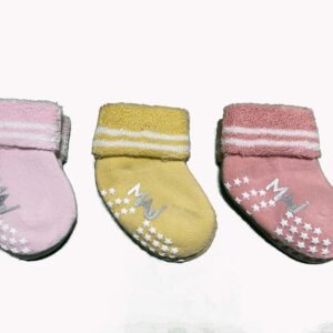 Baby Non-Slip Socks, Soft Cotton Blend, Striped Cuff Design, Anti-Skid Stars, 3 Pairs